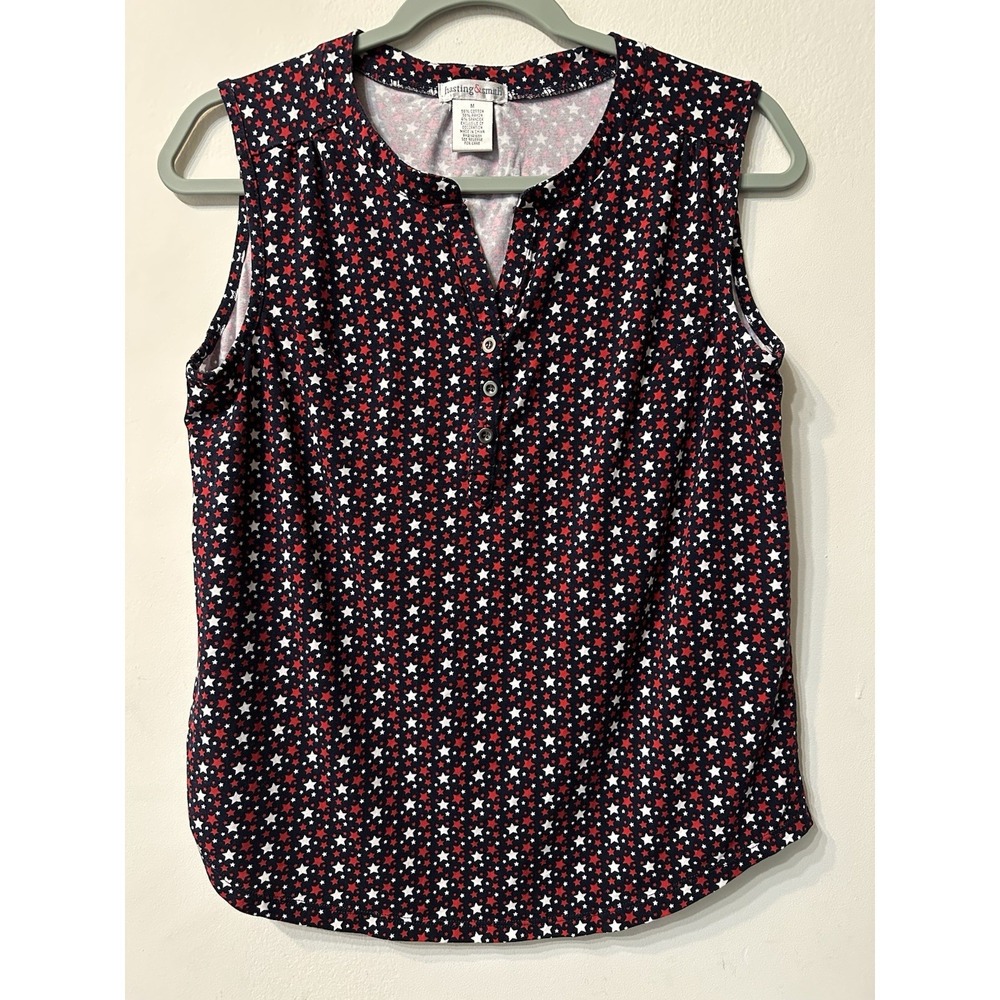 Hasting&Smith Women Medium M Patriotic Star Tank Top Sleeveless Henley Red Blue